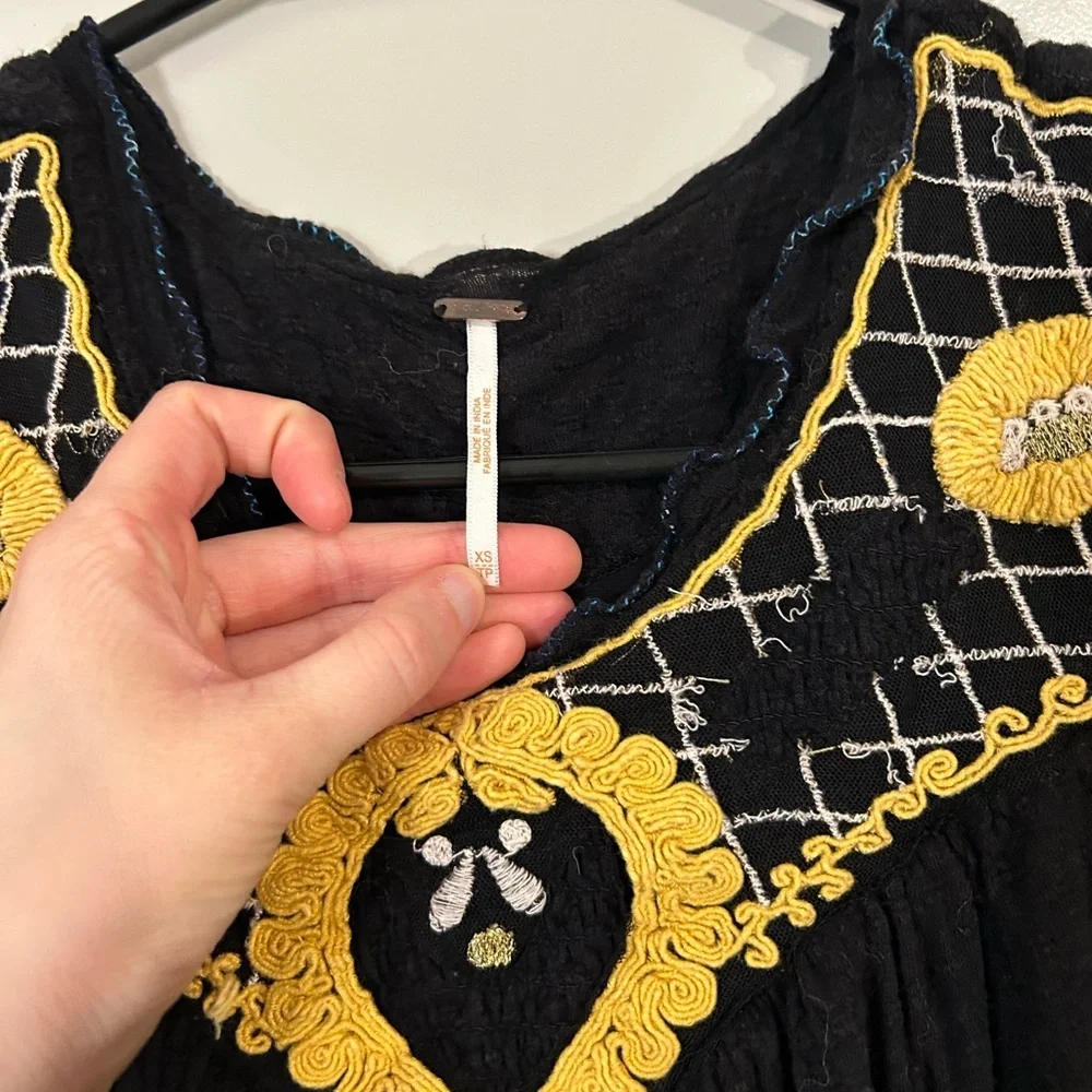 Free People Begonia Black and Gold embroidered Women's Top